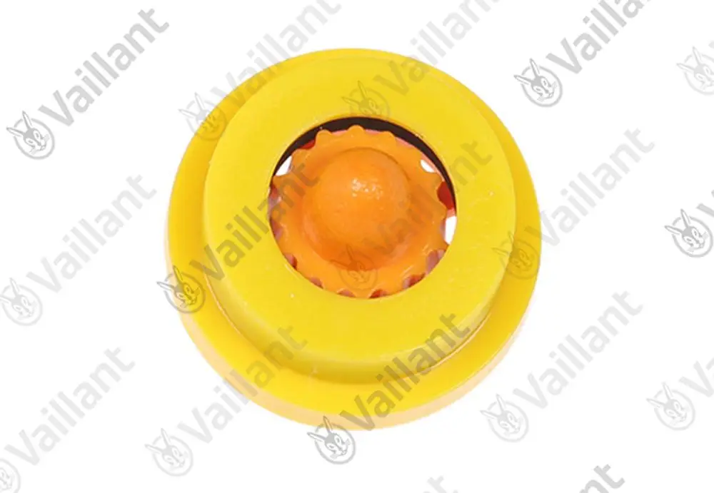 Vaillant Wassermengenbegrenzer mit gelbem Gehäuse und orangefarbener Innentechnik, zur Regulierung des Wasserflusses.